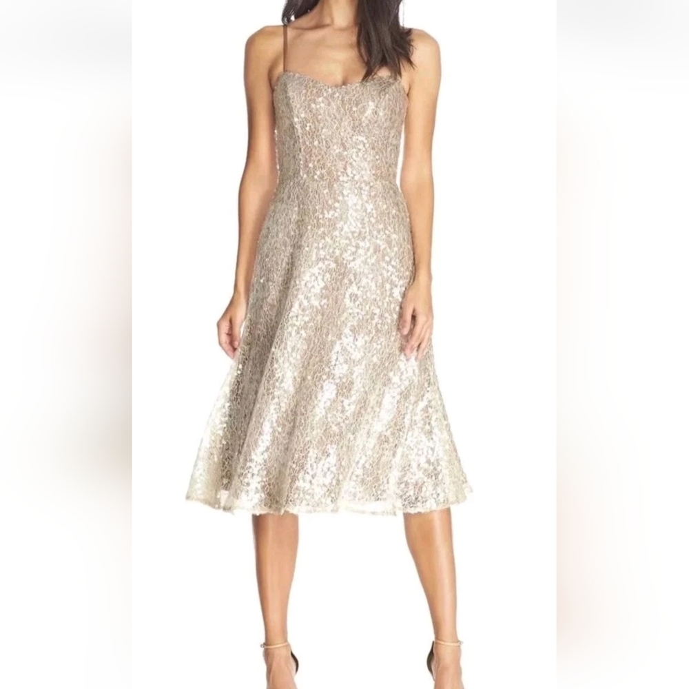 Dress The Population Antonia Sequin Cocktail Fit & Flare Midi Dress XS